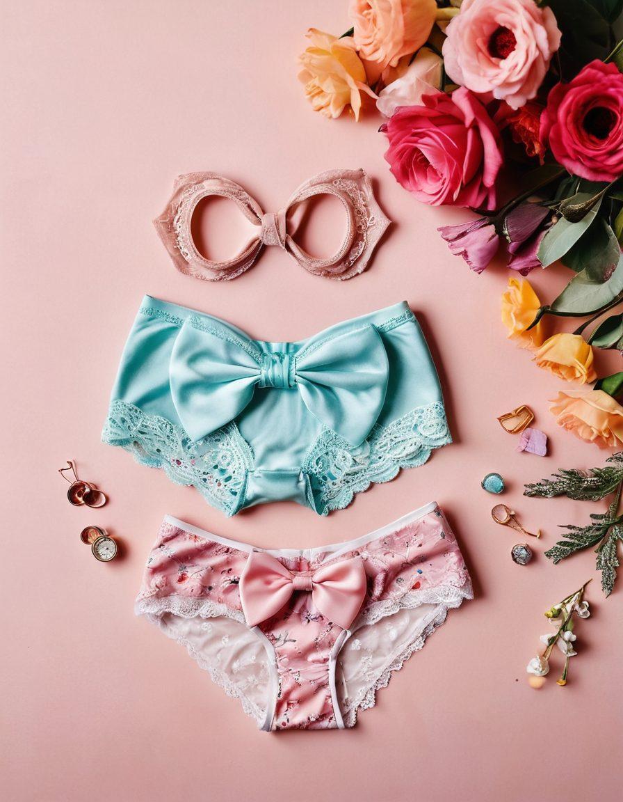 A whimsical and colorful flat lay of playful panties in different styles and patterns, surrounded by seductive lingerie pieces, all set against a soft pastel backdrop. Incorporate delicate lace, vibrant floral prints, and playful bow details to evoke a sense of joy and allure. Subtle sparkles and soft light reflections to enhance the playful atmosphere. vibrant colors. soft focus.