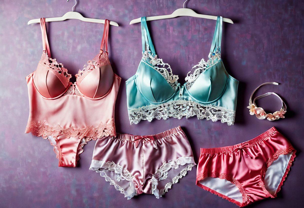 A beautifully arranged display of diverse lingerie sets such as lace, satin, and bold colors, creatively placed against a soft, inviting backdrop. Include accessories like delicate garters and elegant jewelry. Captivate the viewer's attention with a hint of romance, showcasing different styles for various occasions like a night out, a cozy evening, and playful surprises. Soft lighting to enhance the seductive allure. vibrant colors. soft focus.