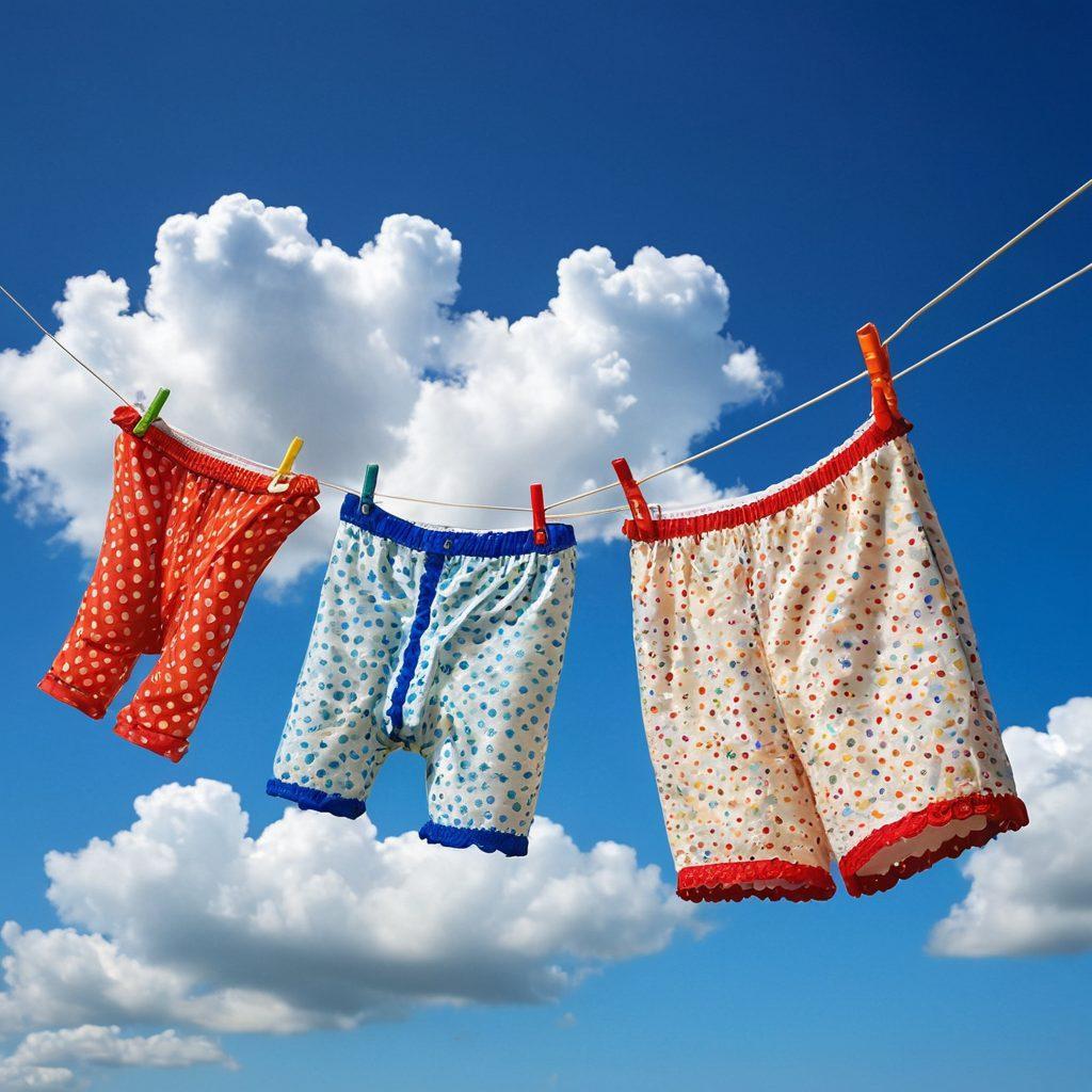 A whimsical display of colorful and playful undergarments hanging on a clothesline, with a bright blue sky and fluffy clouds in the background. Each piece showcases unique patterns and designs, from polka dots to lace, embodying a range of moods from playful to naughty. Include soft, dreamy lighting to create a warm atmosphere, with subtle shadows enhancing the texture of the fabrics. super-realistic. vibrant colors. playful composition.